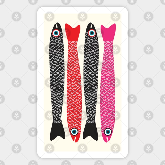 ANCHOVIES Bright Graphic Fun Groovy Fish in Black Red Pink - Vertical Layout - UnBlink Studio by Jackie Tahara Magnet by UnBlink Studio by Jackie Tahara